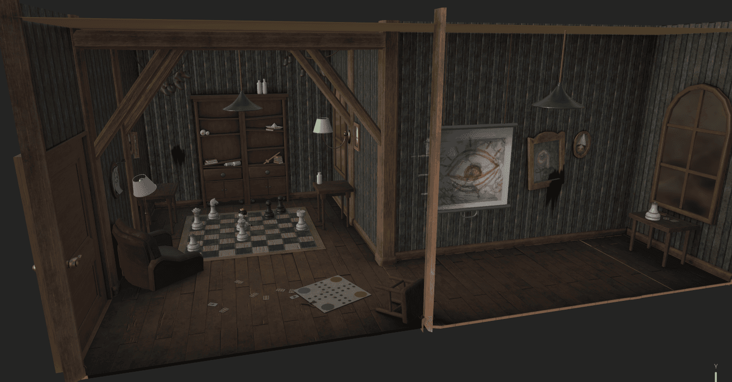 The same puzzle room after texturing, with wood materials, a checkered rug, and an eerie painting on the wall