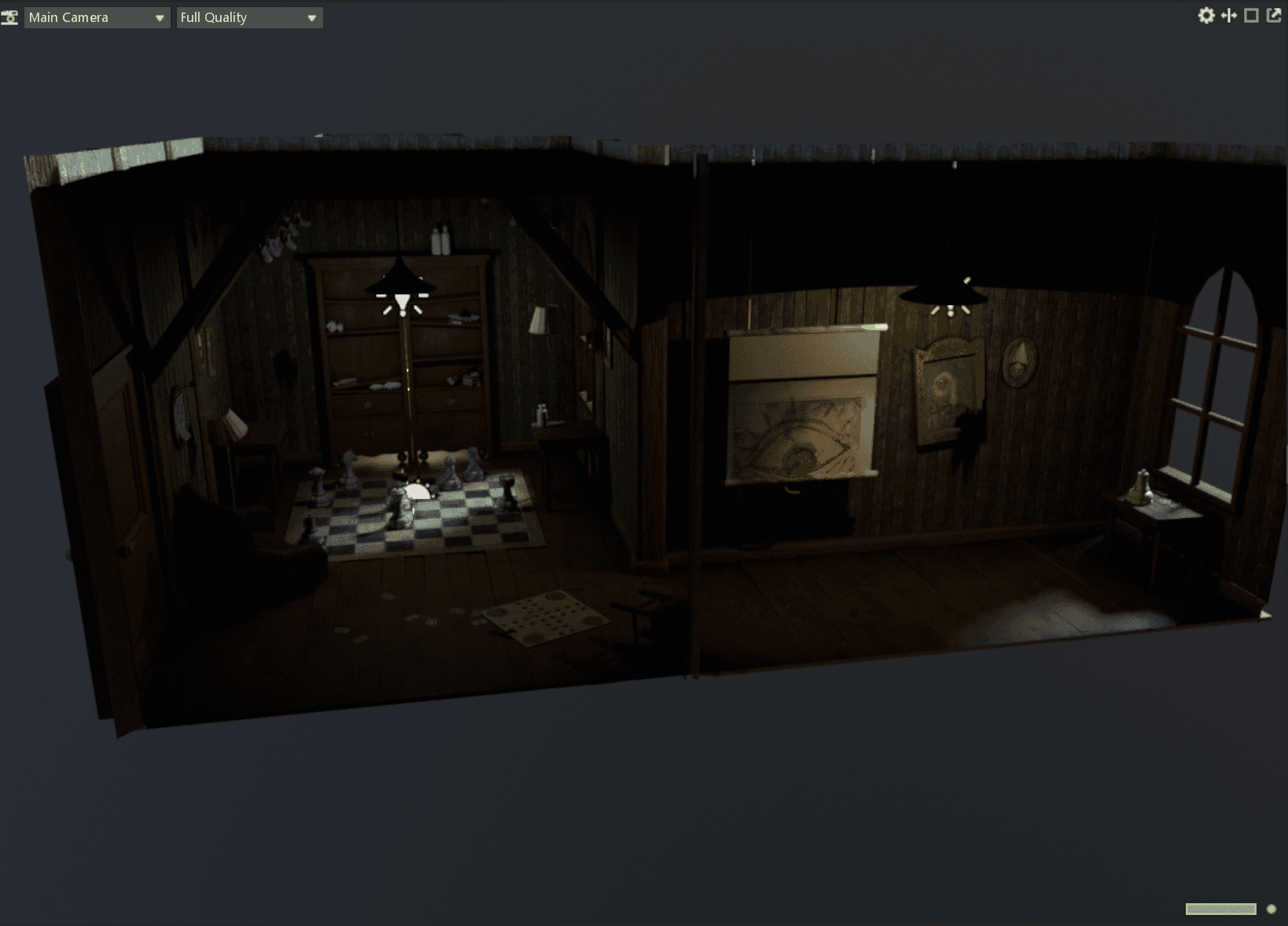 The puzzle room rendered in Unity's game view with the first lighting pass applied