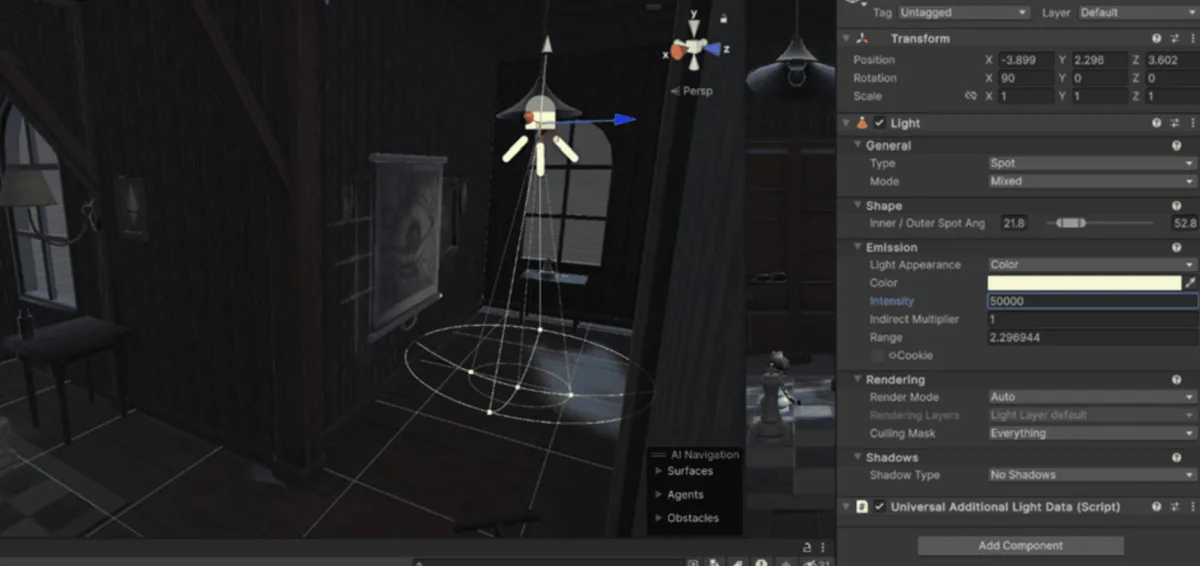 Unity scene view showing the spotlight setup used to light the puzzle room