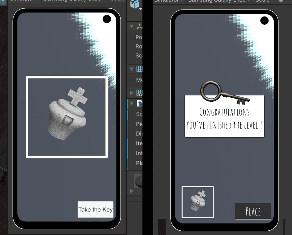 Two in-game UI screens: a "Take the Key" interaction prompt and a level-complete "Congratulations" screen with a Place button
