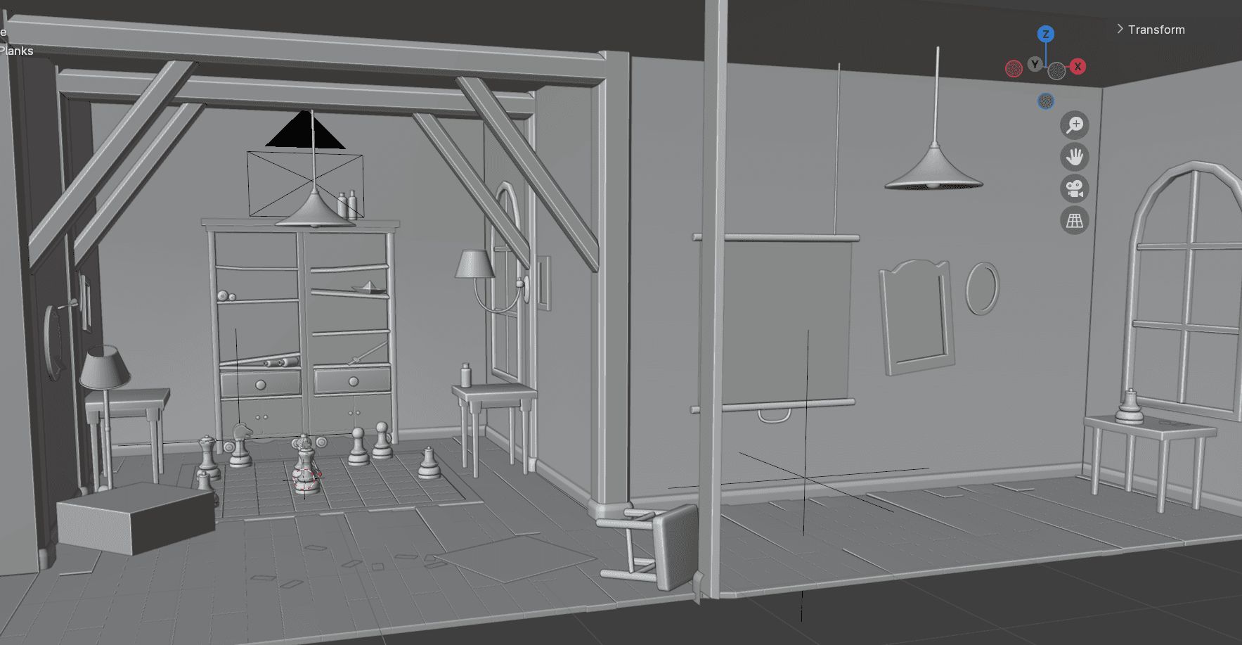 Untextured Blender viewport of the attic puzzle room, showing the wardrobe, chess set, and door frame in gray shading